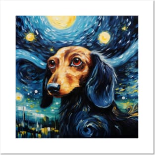 Black Dachshund in Starry Night style Posters and Art